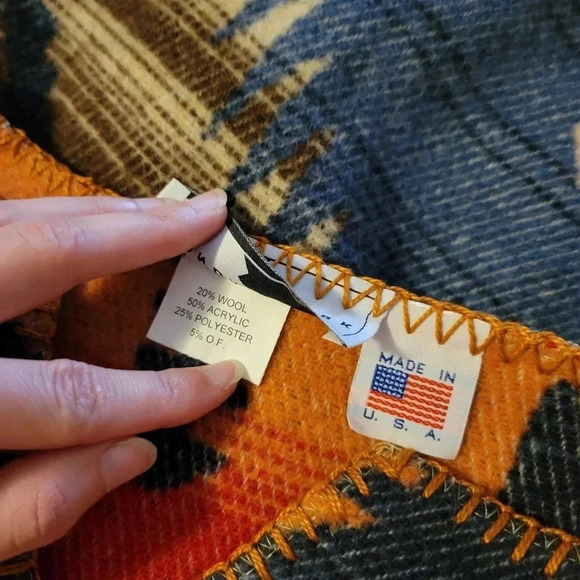 Rhonda Stark Hopi Poncho Wool Blend Native American Blue Orange Red Blanket Wrap - Picture 7 of 7
